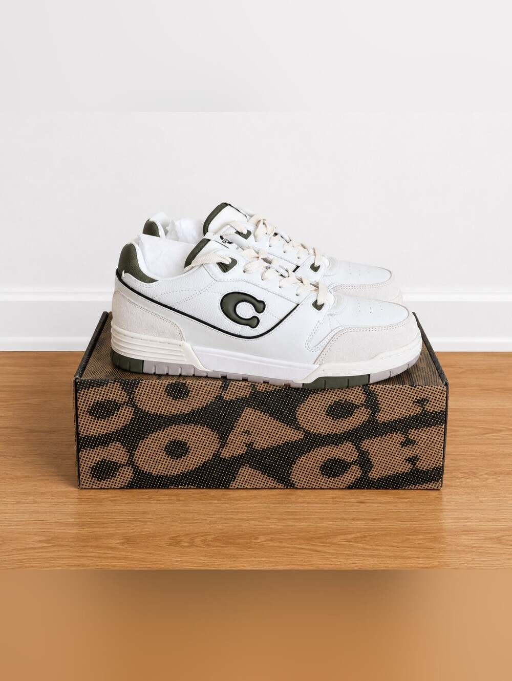 Men's Coach SOHO Sneakers White and Olive Green Low-Top